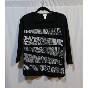 Chicos 1 Womens Top Small 8 Shirt Black Snakeskin Print 3/4 Sleeves Animal Print